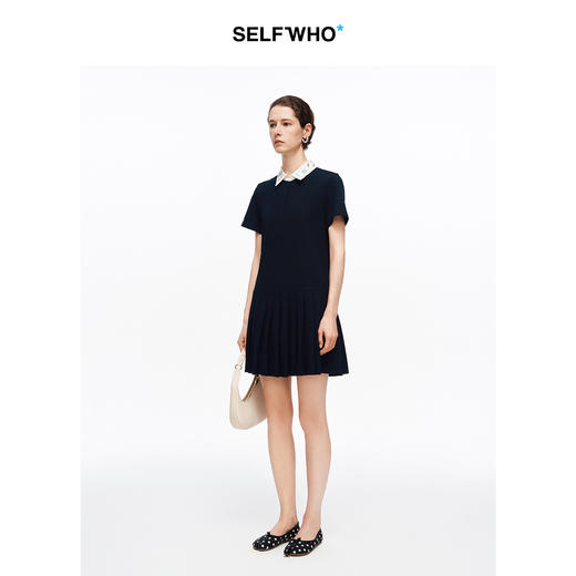 SELFWHO纯棉绿绒蒿钉珠撞色polo领连衣裙女2026夏新款直筒百褶裙 商品图1