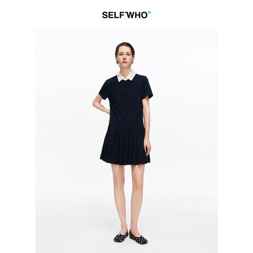 SELFWHO纯棉绿绒蒿钉珠撞色polo领连衣裙女2026夏新款直筒百褶裙 商品图3