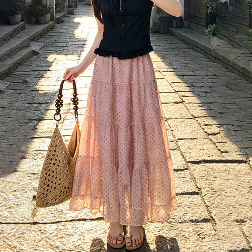 西遇波点蛋糕裙女2026夏季新款高腰显瘦垂感多层荷叶边中长半身裙SS060510 商品图3