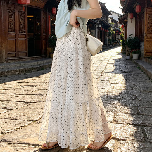 西遇波点蛋糕裙女2026夏季新款高腰显瘦垂感多层荷叶边中长半身裙SS060510 商品图4