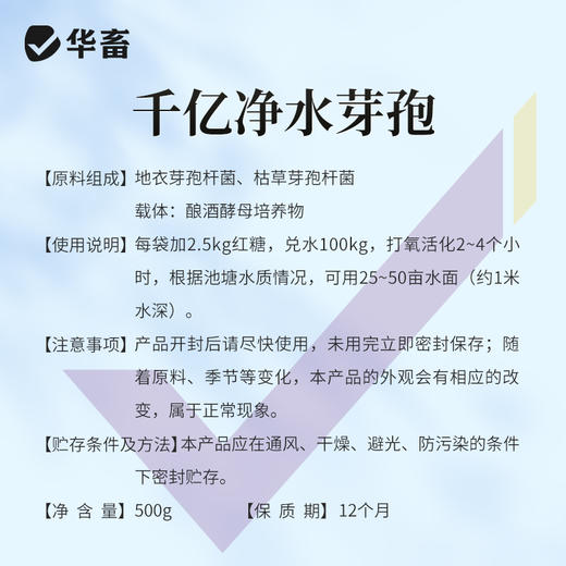 华畜千亿净水芽孢 分解残饵粪便 降氨氮亚盐 处理水草挂脏 控制青苔蓝藻 商品图5
