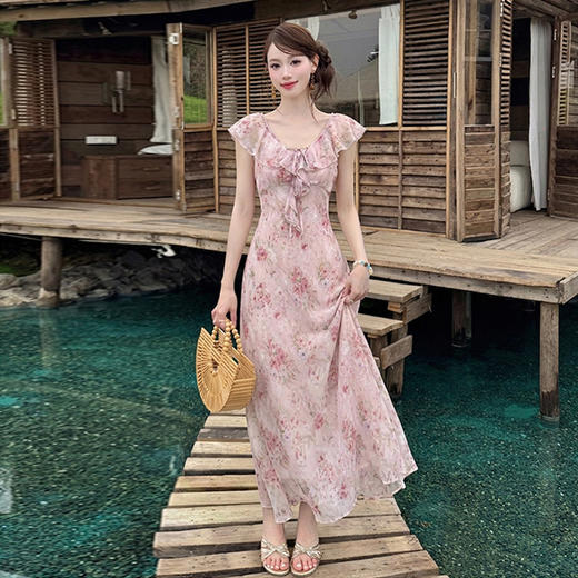 西遇法式碎花连衣裙女2026夏季新款荷叶边飞飞袖收腰系带显瘦长裙SS060513 商品图3
