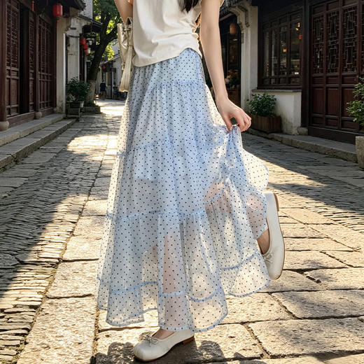西遇波点蛋糕裙女2026夏季新款高腰显瘦垂感多层荷叶边中长半身裙SS060510 商品图2