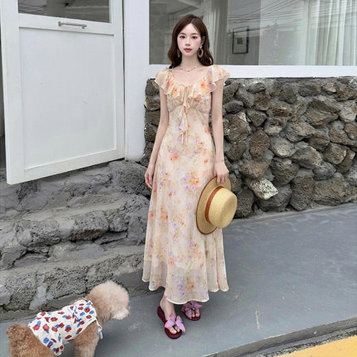 西遇法式碎花连衣裙女2026夏季新款荷叶边飞飞袖收腰系带显瘦长裙SS060513 商品图2