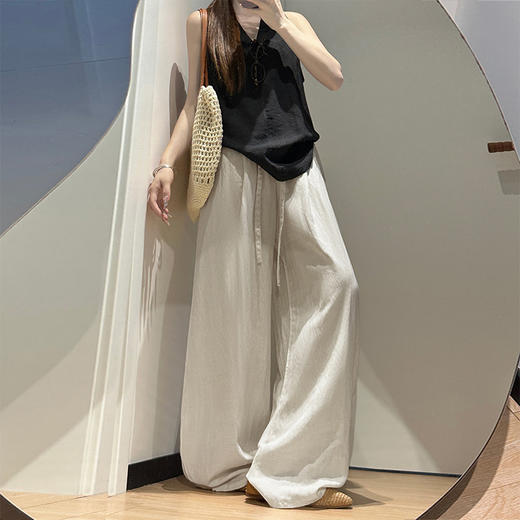 西遇莱赛尔天丝亚麻阔腿裤女2026夏季新款抽绳高腰宽松垂感弯刀裤SS060482 商品图3