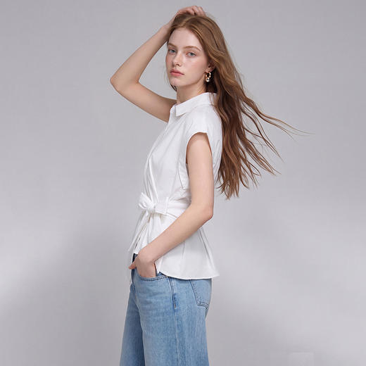 西遇法式小众设计感2026夏季卷边短袖衬衣女气质简约绑带收腰上衣H0060326 商品图3