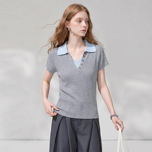 西遇polo领撞色假两件2026夏季显瘦短袖针织衫女宽松透气舒适上衣H0060334 商品图3
