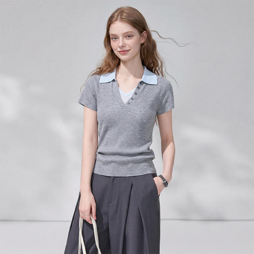 西遇polo领撞色假两件2026夏季显瘦短袖针织衫女宽松透气舒适上衣H0060334 商品图4