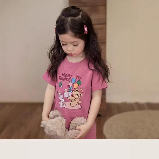 【卡通印花❗️宽松直筒】2026 夏季新款女童纯棉 T 恤连衣裙中小童卡通小熊印花宽松。xd★深秘心选 商品图3