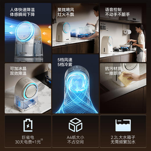 【冰极微粒降温技术 瞬间降温近16℃ 涡扇集中冰雾】汤姆逊冰雾扇（2.2L水箱 5档风速 可加冰晶 省电省心 支持语音） 商品图4