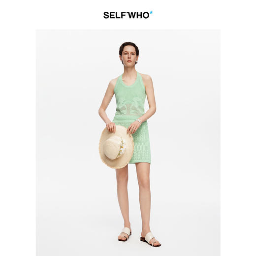 SELFWHO纯棉人鱼提花挂脖U领毛织吊带女2026夏季新款扭结背心套装 商品图2