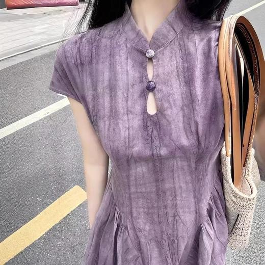 连衣裙合集-新中式国风扎染紫色镂空收腰旗袍连衣裙女V领背心连裙S-XXL 商品图5