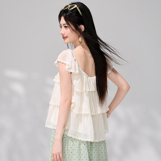 西遇杏色方领小飞袖衬衫女2026年夏季新款木耳边雪纺宽松娃娃衫SS060545 商品图4