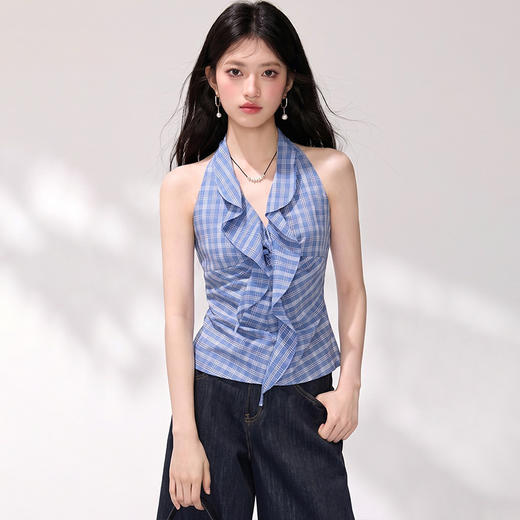 西遇蓝白格纹挂脖衬衫女2026年夏季新款V木耳边褶皱修身吊带背心SS060544 商品图4