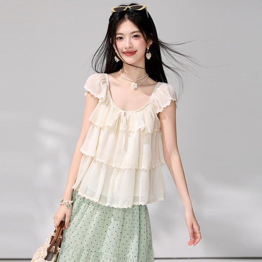 西遇杏色方领小飞袖衬衫女2026年夏季新款木耳边雪纺宽松娃娃衫SS060545 商品图2