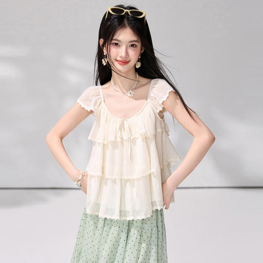西遇杏色方领小飞袖衬衫女2026年夏季新款木耳边雪纺宽松娃娃衫SS060545 商品图3