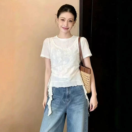 西遇假两件蕾丝吊带短袖T恤女2026夏季圆领侧边长飘带收腰上衣SS060550 商品图2