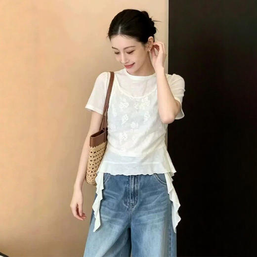 西遇假两件蕾丝吊带短袖T恤女2026夏季圆领侧边长飘带收腰上衣SS060550 商品图1