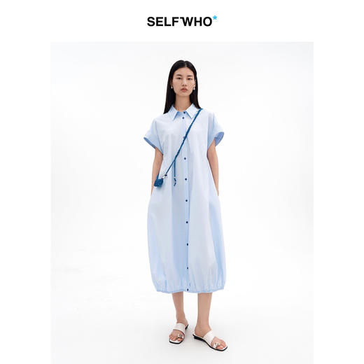 SELFWHO纯棉经典翻领衬衫连衣裙女2026夏季新款宽松通勤花苞长裙 商品图3