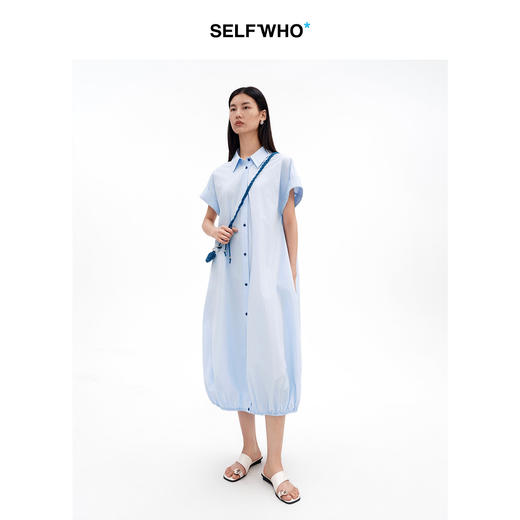 SELFWHO纯棉经典翻领衬衫连衣裙女2026夏季新款宽松通勤花苞长裙 商品图2