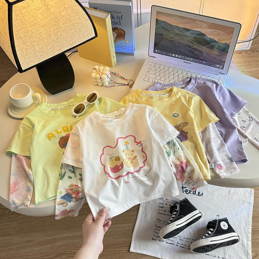 【一件搞定日常防晒❗️韩系 ins】儿童T恤休闲卡通夏季新款夏天防晒袖假两件女童短袖棉T上衣童装。xd★深秘心选 商品图0