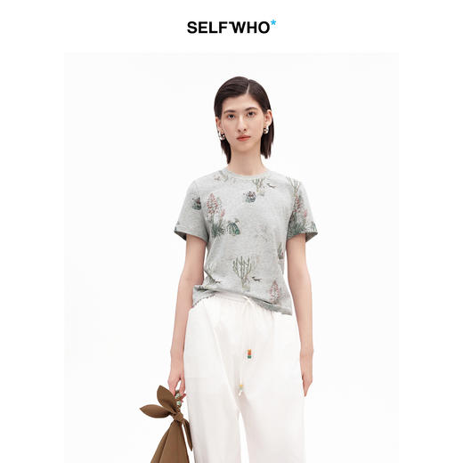 SELFWHO莱赛尔棉混纺仙人掌小狗印花短袖T恤女2026夏新款修身上衣 商品图0