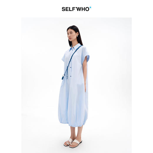 SELFWHO纯棉经典翻领衬衫连衣裙女2026夏季新款宽松通勤花苞长裙 商品图1