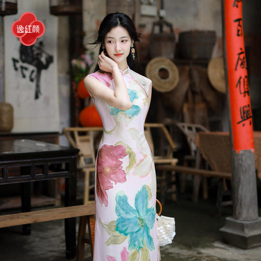 【多件多折】逸红颜《曼语裳》26年夏新款手绘砚花韵冰感弹力网纱鱼尾旗袍裙女 商品图0