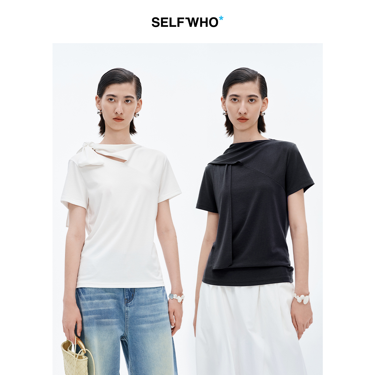 SELFWHO莱赛尔棉纯色围巾领短袖T恤女2025夏新款柔软正肩短款上衣