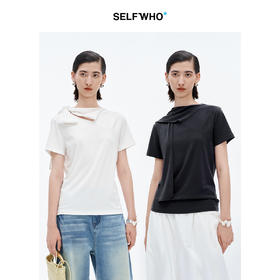 SELFWHO莱赛尔棉纯色围巾领短袖T恤女2025夏新款柔软正肩短款上衣