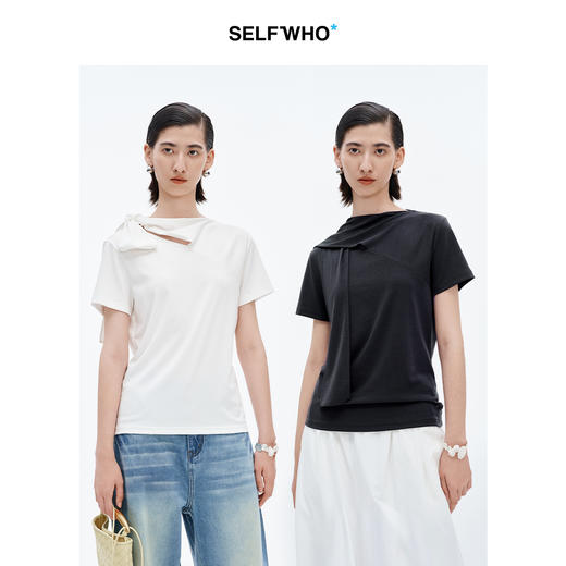 SELFWHO莱赛尔棉纯色围巾领短袖T恤女2025夏新款柔软正肩短款上衣 商品图0