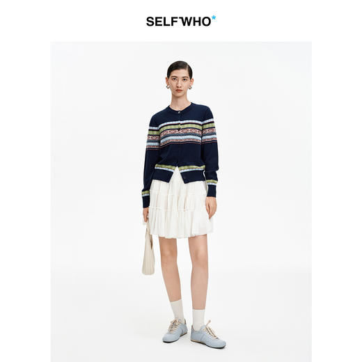 SELFWHO天丝绵羊毛混纺撞色条纹针织开衫女2026春季新款圆领上衣 商品图2