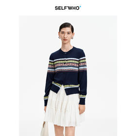 SELFWHO天丝绵羊毛混纺撞色条纹针织开衫女2026春季新款圆领上衣