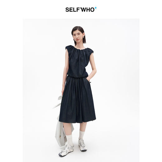 SELFWHO棉混纺复古原色牛仔半身裙女2026夏季新款蝴蝶结装饰半裙 商品图3