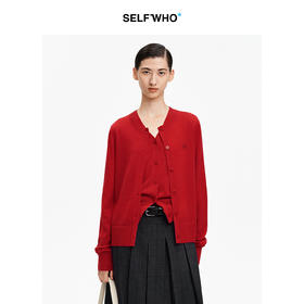 SELFWHO可机洗绵羊毛新年红笑脸标针织开衫女2026夏新款宽松上衣