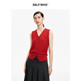 SELFWHO可机洗绵羊毛新年红V领针织背心女2026夏新款宽松无袖马甲