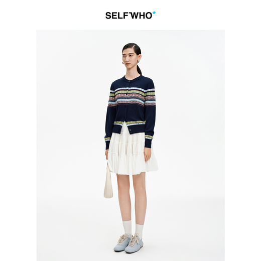 SELFWHO天丝绵羊毛混纺撞色条纹针织开衫女2026春季新款圆领上衣 商品图1