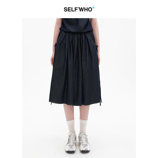 SELFWHO棉混纺复古原色牛仔半身裙女2026夏季新款蝴蝶结装饰半裙 商品图0
