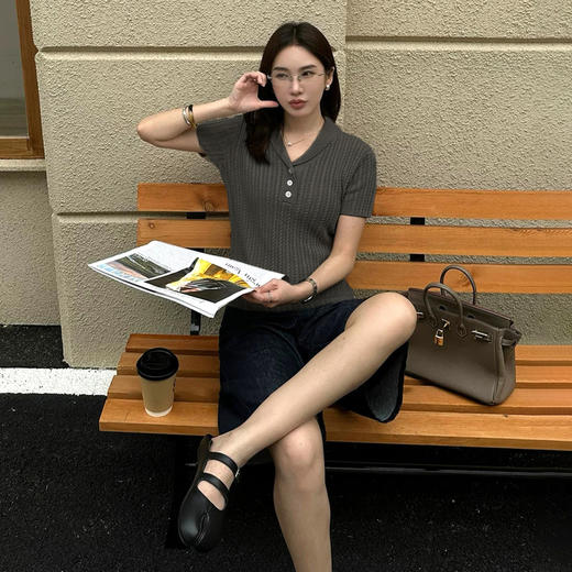 西遇莱赛尔亚麻针织短袖T恤女2026夏季新款polo领三粒扣弹力上衣SS060562 商品图4