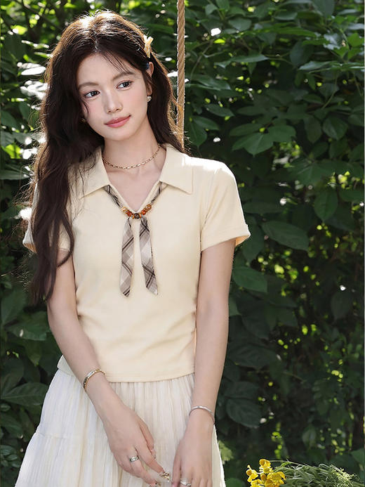 西遇学院风Polo领短袖T恤女2026年夏季新款格纹领结修身正肩上衣SS060615 商品图2