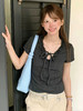 西遇木耳边V领短袖T恤女2026年夏季新款蝴蝶结系带褶皱修身上衣SS060607 商品缩略图4
