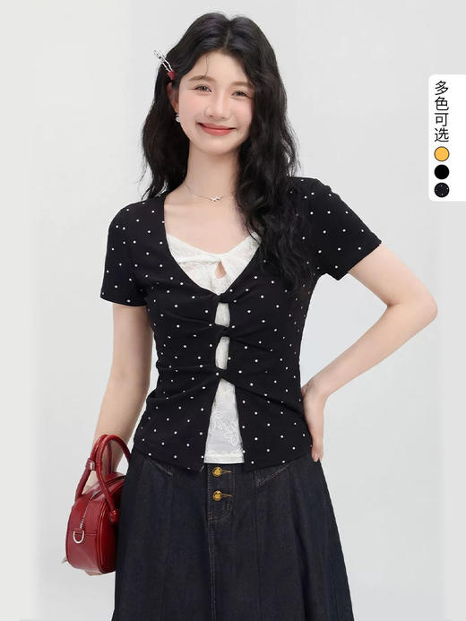 西遇假两件蕾丝拼接短袖T恤女2026年夏季新款波点扭结正肩上衣SS060608 商品图0