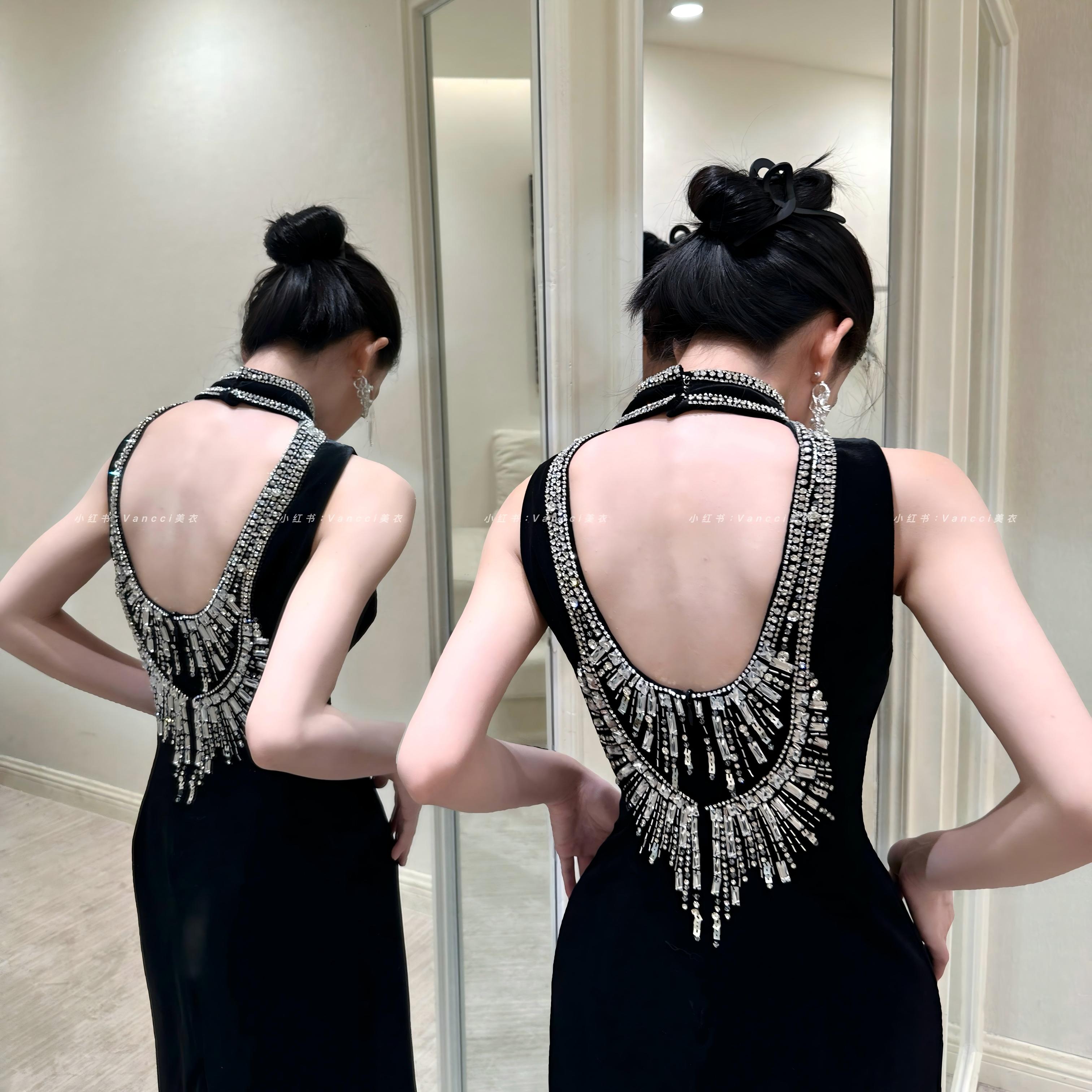 （样衣）【Vancci】满钻针织深V灰色礼服裙 - Vancci美衣