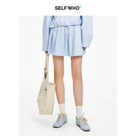 SELFWHO笑脸衣橱纯棉蓝色A字短裙女2026夏新款休闲显瘦压褶半身裙