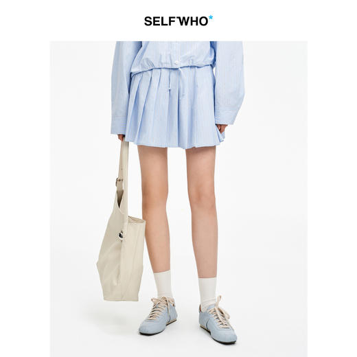 SELFWHO笑脸衣橱纯棉蓝色A字短裙女2026夏新款休闲显瘦压褶半身裙 商品图0