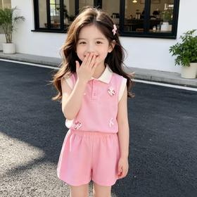 童洛萌女童薄款夏季新款套装无袖学院风夏装宝宝翻领短袖短裤两件套80-150★