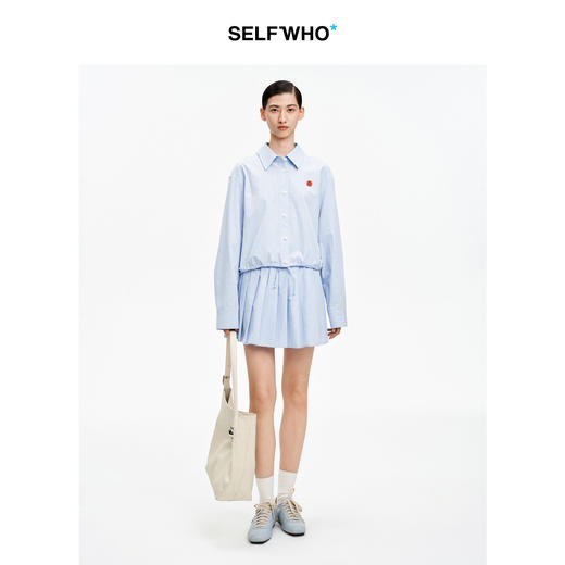 SELFWHO笑脸衣橱纯棉蓝色A字短裙女2026夏新款休闲显瘦压褶半身裙 商品图2