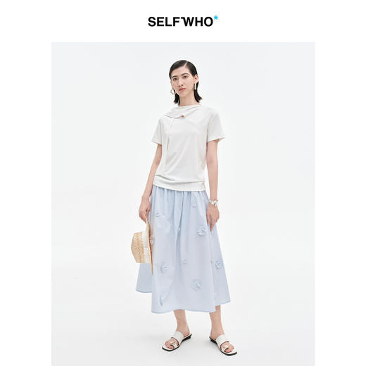 SELFWHO纯棉手工花朵装饰半身裙女2025夏新款抽褶宽腰头A字裙伞裙 商品图3
