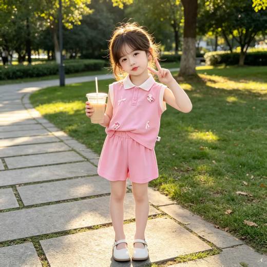 童洛萌女童薄款夏季新款套装无袖学院风夏装宝宝翻领短袖短裤两件套80-150★ 商品图1