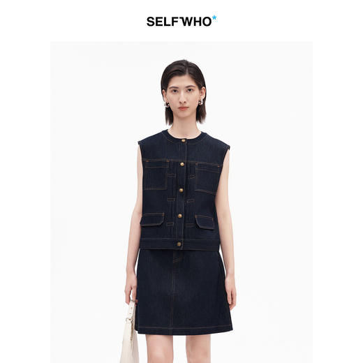 SELFWHO棉混纺复古工装原色牛仔马甲女2026夏季新款宽松无袖马夹 商品图0